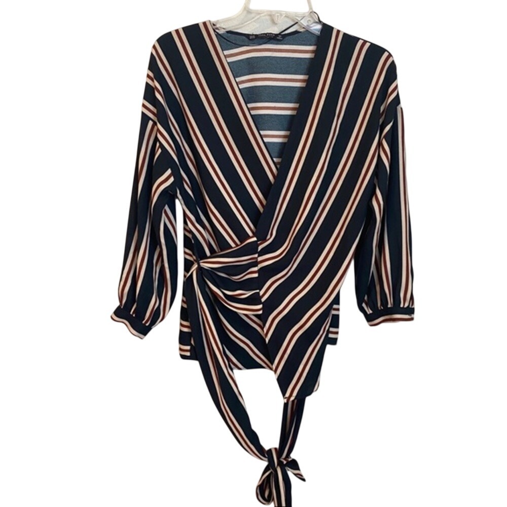 Zara Basic Striped Wrap Blouse Navy Blue Rust White V-Neck Balloon Sleeve XS